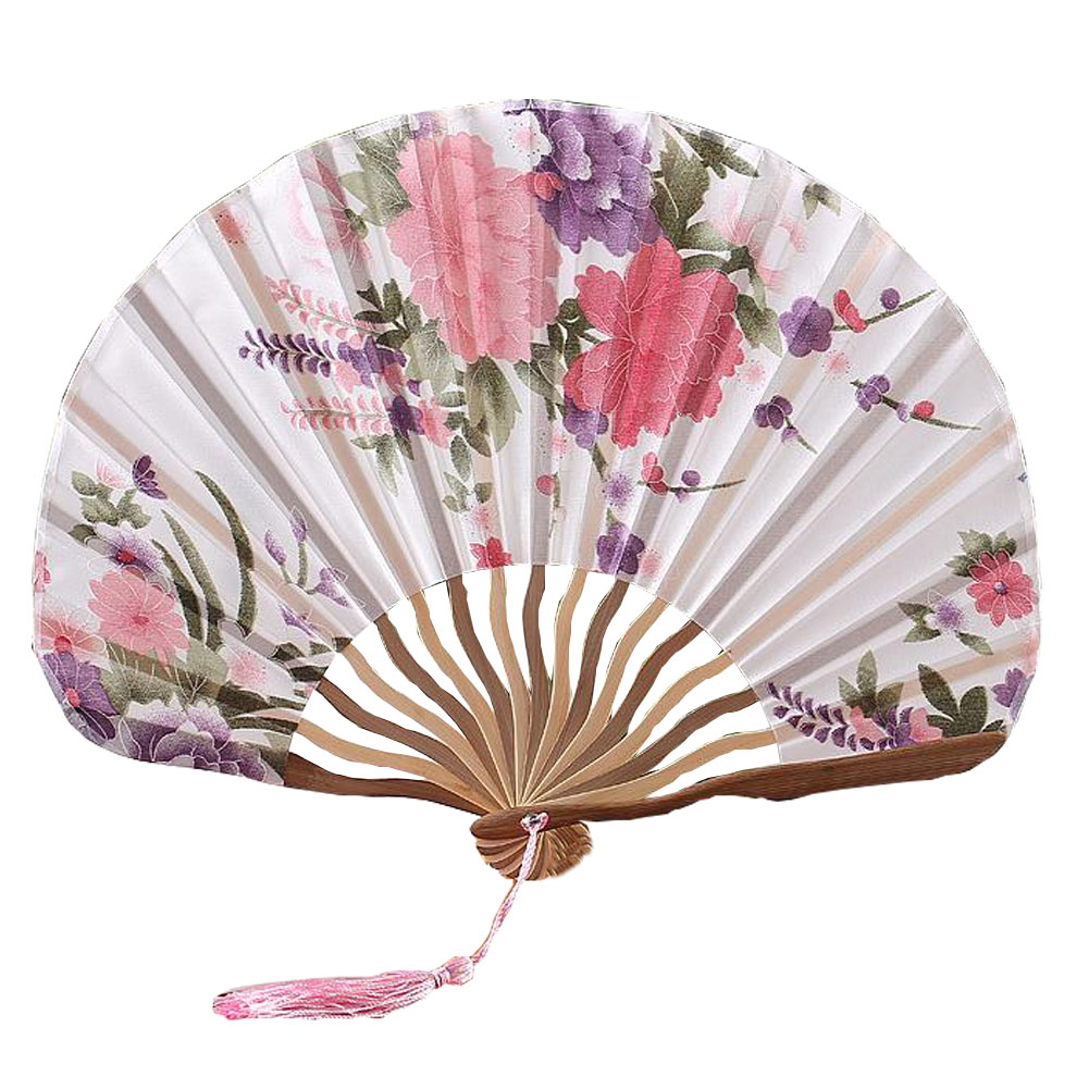 Kylin Express Chinese Style Blooming Flowers Design Silk Folding Fan Bamboo Fan White