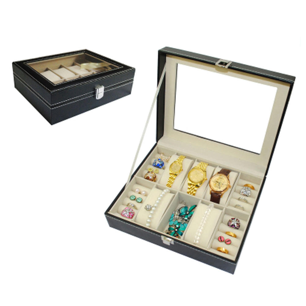 Panda Superstore Watch Box Ring Box Large Mens Black PU Leather Display Jewelry Case Organizer