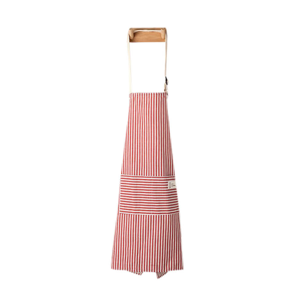 WuKong Paradise Simple Style Cotton Linen Waterproof Adjustable Kitchen Apron with Pockets, Red Stripes
