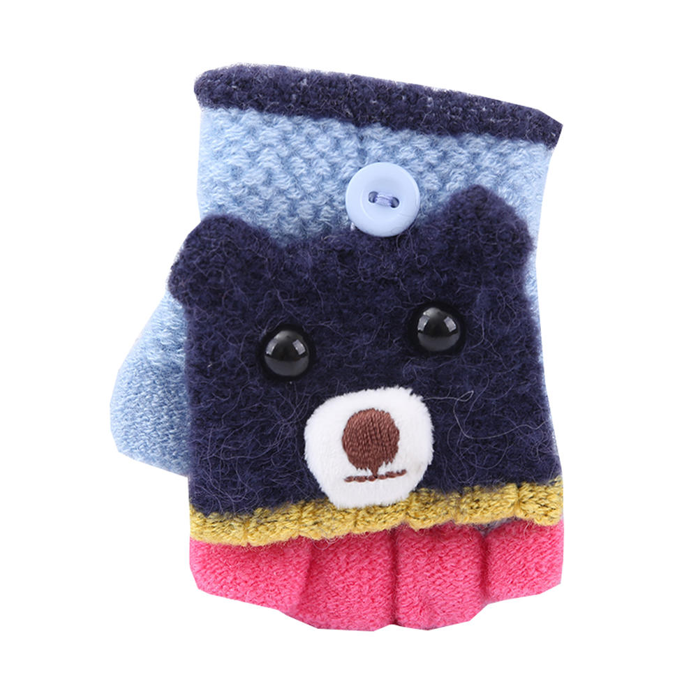 East Majik Kids Cartoon Bear Warm Knitted Half Finger Fingerless Gloves with Mitten Cover, #09
