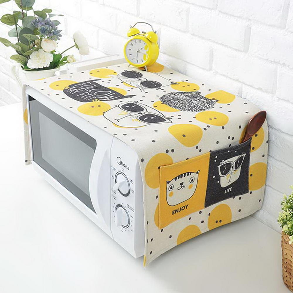 Gentle Meow Cartoon Microwave Oven Dustproof Cover Anti-oil Cover With Pocket Yellow Circles