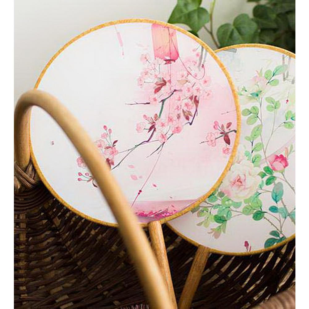 Gentle Meow Chinese Round Hand Fan Bamboo Handle Photography Art Fan, Blossing Flowers Print