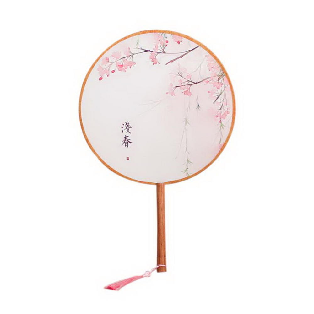 Gentle Meow Chinese Round Hand Fan Bamboo Handle Photography Art Fan, Blossing Flowers Print
