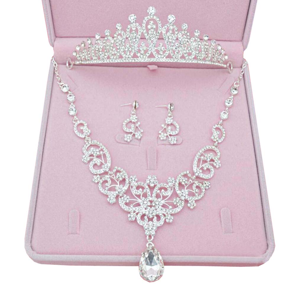 Alien Storehouse Women Silver Wedding Bridal Jewelry Set Crown Necklace Earrings Set - 25