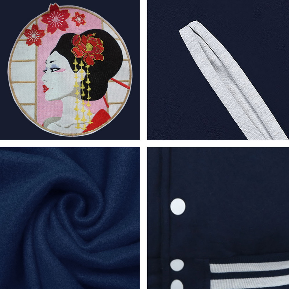 Blancho Bedding [Geisha]Women's Casual Baseball Jacket Sweatshirt Baseball Coat, Navy Blue, M