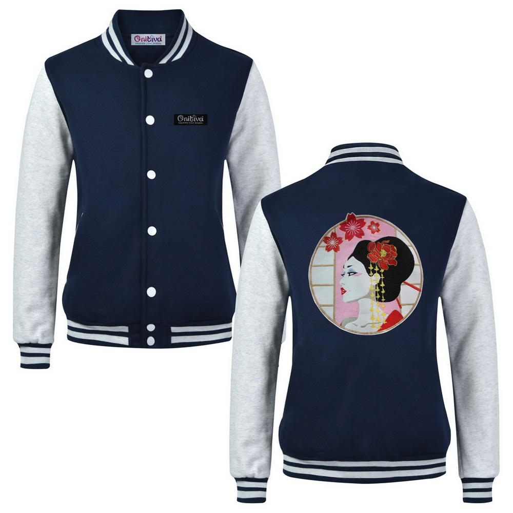 Blancho Bedding [Geisha]Women's Casual Baseball Jacket Sweatshirt Baseball Coat, Navy Blue, M