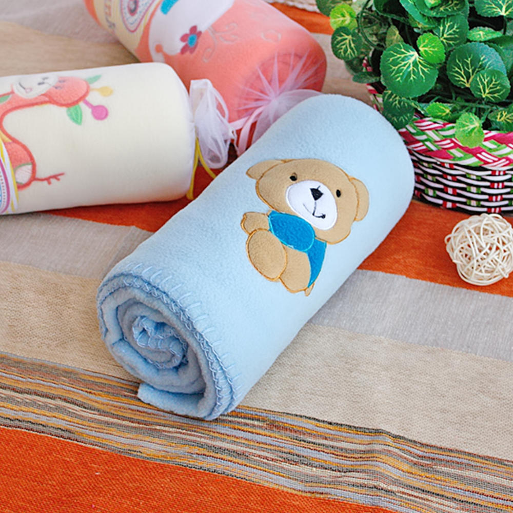 Blancho Bedding [Brown Bear - Blue] Embroidered Applique Coral Fleece Baby Throw Blanket (29.5 by 39.4 inches)