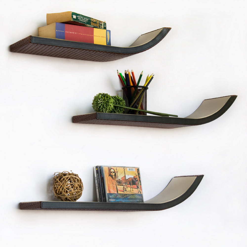 Blancho Bedding Trista Dark Brown Stylish J Type Leather Wall Shelf Bookshelf Floating Set Of 3 - Dark Brown Floating Wall Shelves Blancho Bedding Trista Dark Brown Stylish J Type Leather Wall Shelf Bookshelf Floating Set Of 3 - Dark Brown Floating Wall Shelves