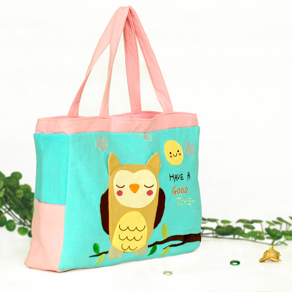 Blancho Bedding [Shy Owl] Embroidered Applique Fabric Art Shoulder Tote Bag / Shopper Bag (14.7*9.8*3.7)