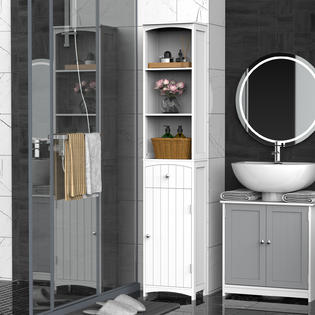 Homcom Tall Bathroom Cabinet Storage Shelves Cupboard Unit Wooden Free Stand W Drawer