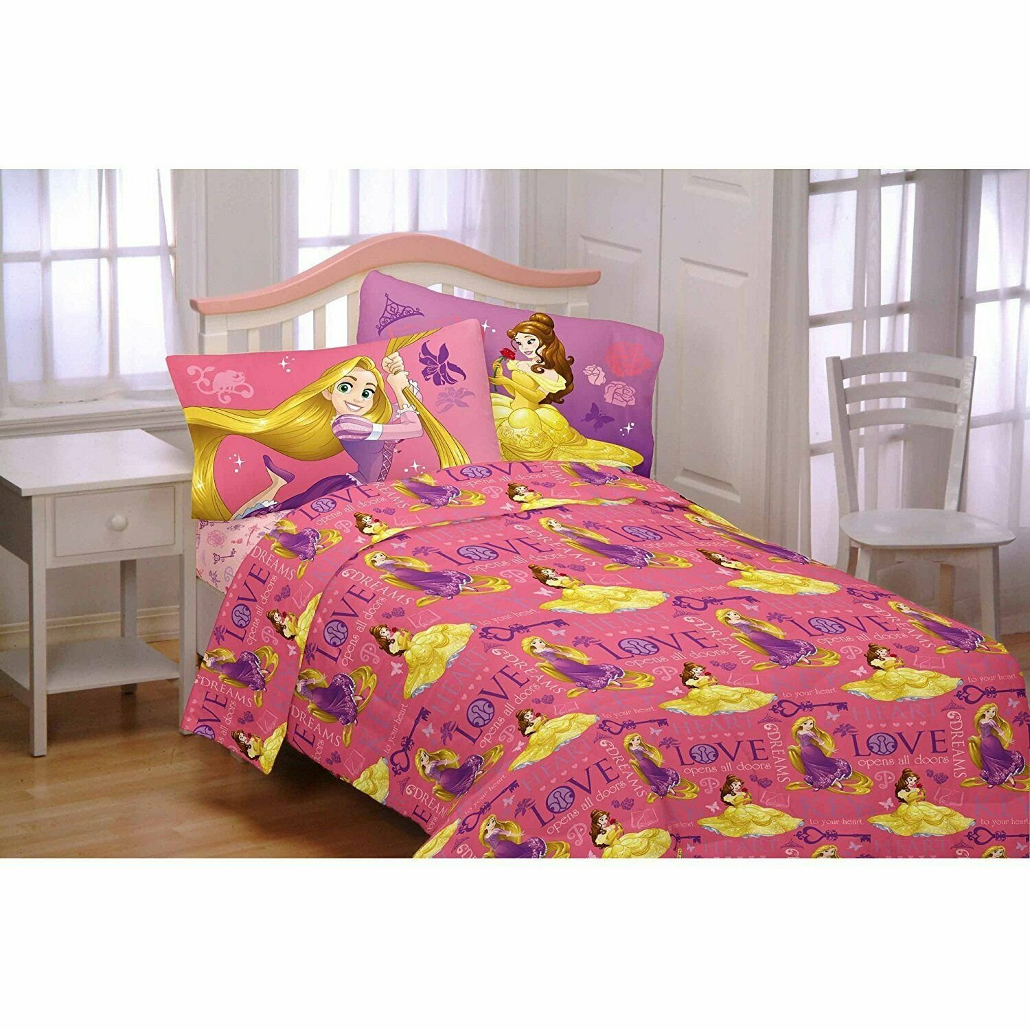 Disney Princess Flannel Twin Sheet Set Pink Girls (Crowned By Friendship)