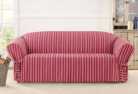 Sure Fit Grain Sack Stripe One Piece Sofa Slipcover Claret Sofas Sure Fit Grain Sack Stripe One Piece