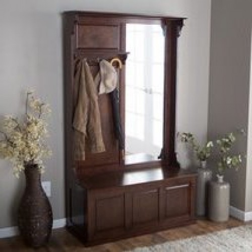 Solid Wood Hall Tree Storage Bench Belham Living Hall Tree Bench Entryway Brown Wooden Coat Rack Hat Seat Mirror Wood Storage New