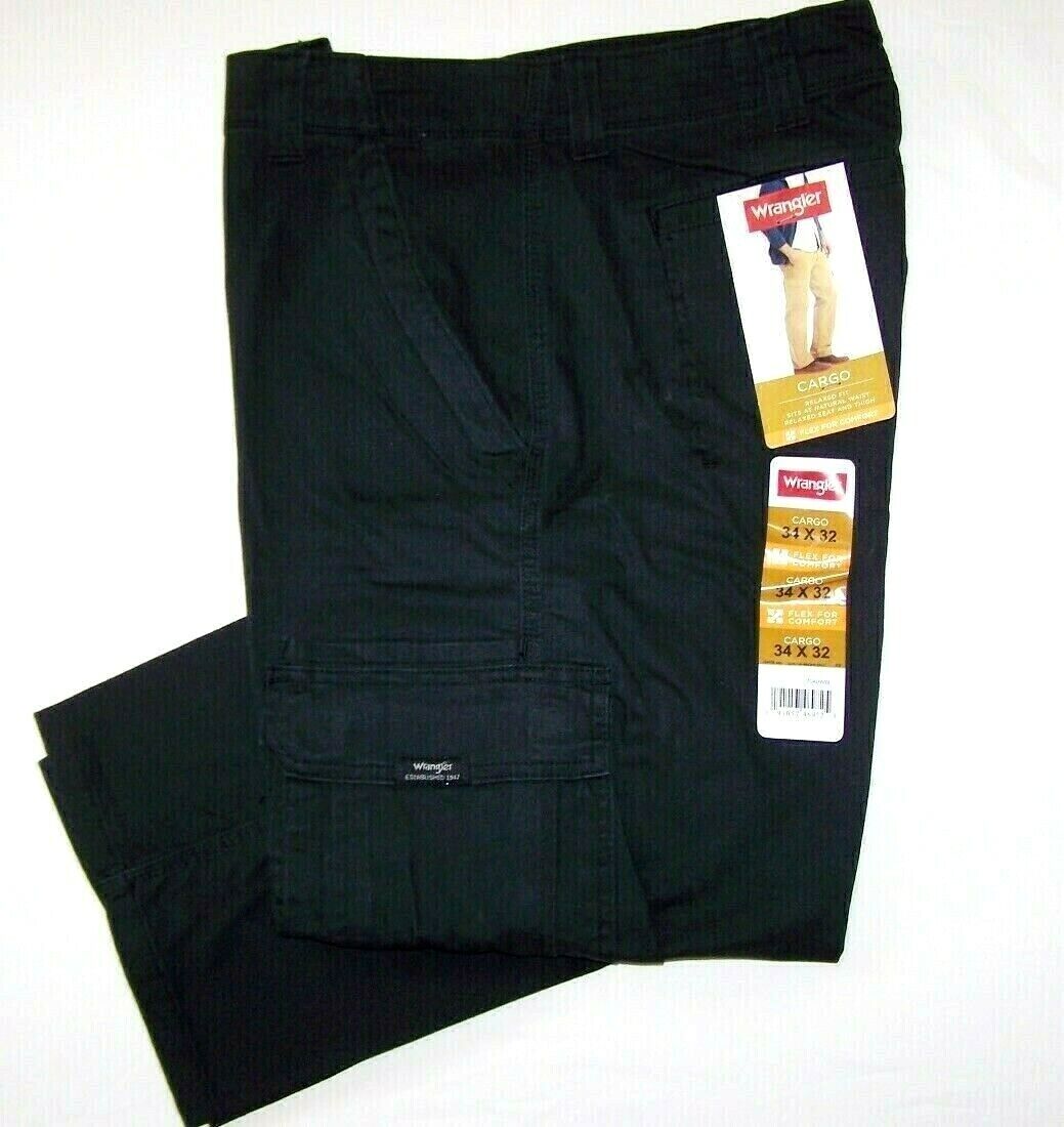 Men's Wrangler FLEX Cargo Pants Relaxed Fit Black Tech Pocket ALL SIZES  34-52