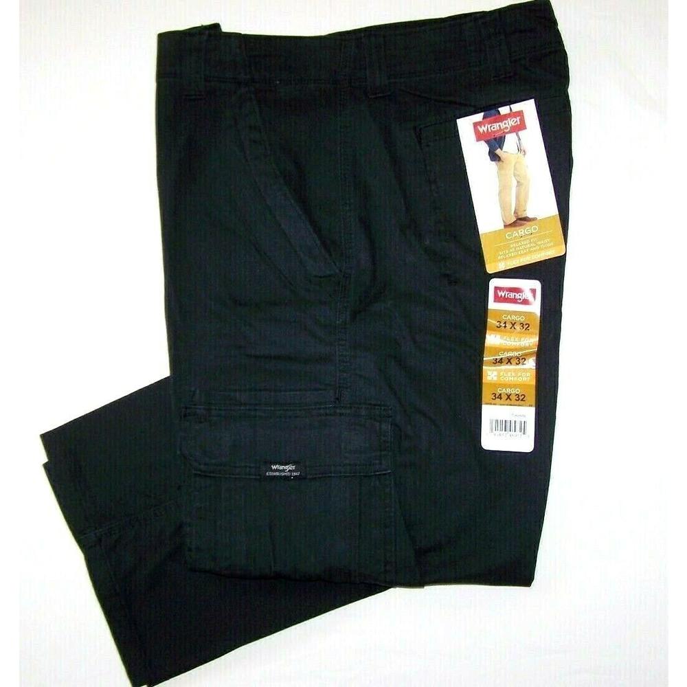 Men's Wrangler FLEX Cargo Pants Relaxed Fit Black Tech Pocket ALL SIZES  34-52
