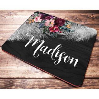 Blackfly Co Feathers Personalized Mouse Pad Burgundy Floral Boho
