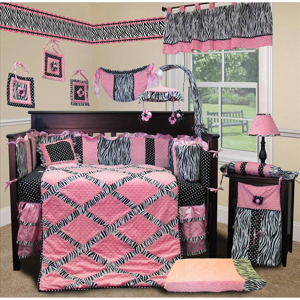 SISI Custom Baby Bedding - Pink Minky Zebra 15 PCS Crib Bedding Set