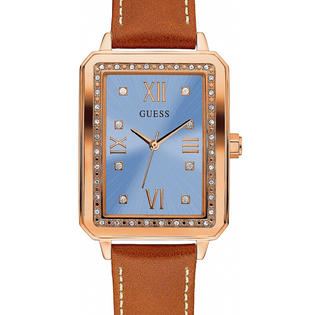 Guess Guess Ladies Fancy Crystal Glitz Watch Rose Gold Blue Dial Tan Leather Strap
