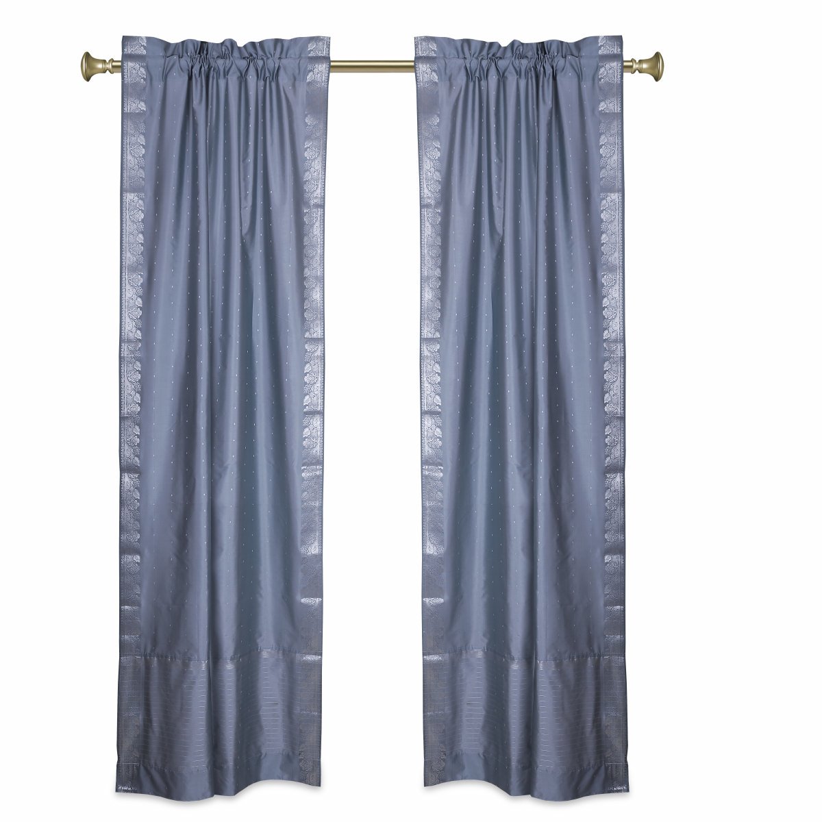 Indian Selections Gray Rod Pocket  Sheer Sari Curtains w/ Silver Border-Pair