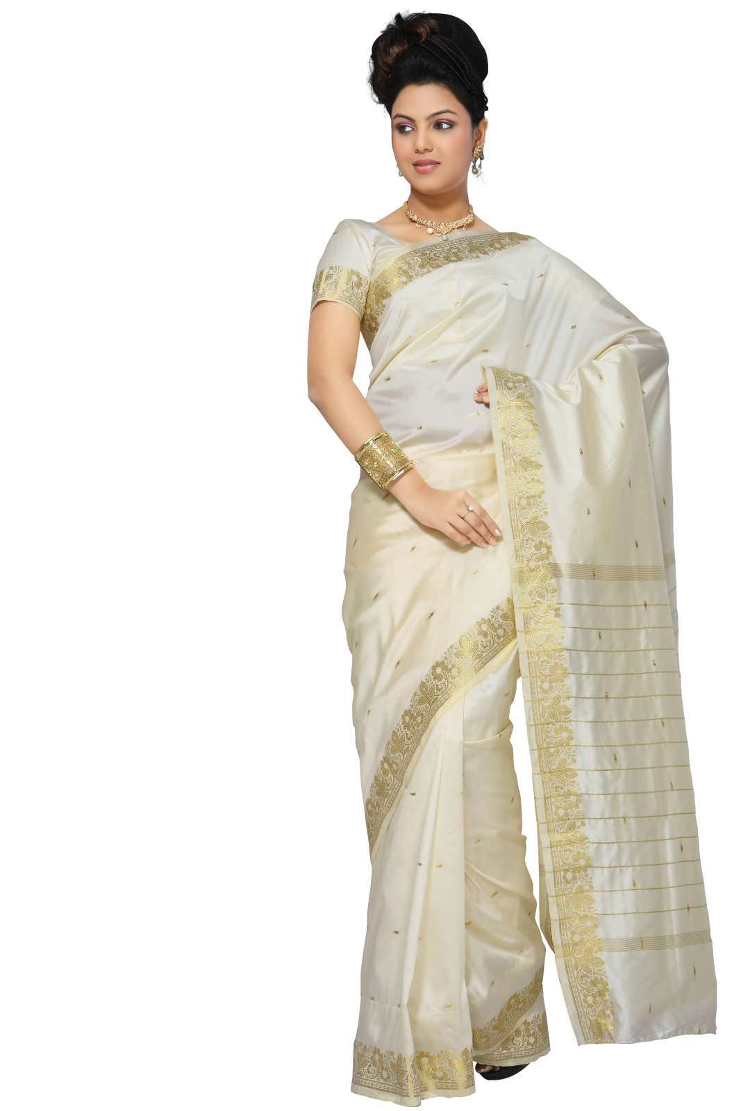 Indian Selections Cream Art Silk Saree Sari fabric India Golden Border