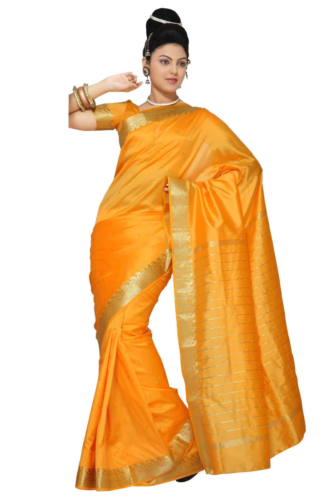 Indian Selections Pumpkin Art Silk Saree Sari fabric India Golden Border