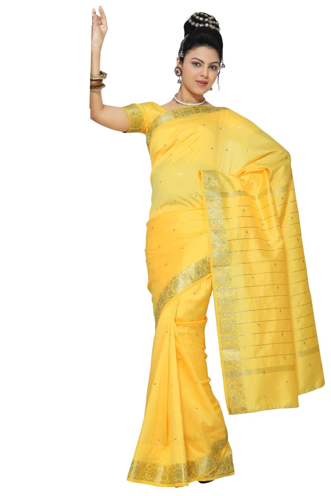 Indian Selections Yellow Art Silk Saree Sari fabric India Golden Border