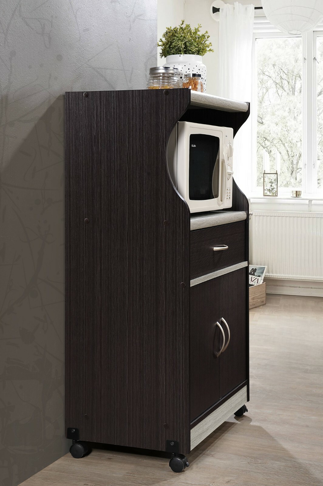 Small Kitchen Cart Microwave Stand 2 Door Black Cabinet Organizer