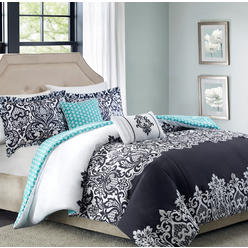 Bhg Bedding Black White Aqua Damask Comforter Set 5 Piece Full