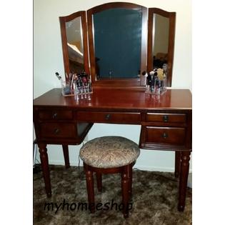 Bbk Furniture Bedroom Antique Vanity Set Makeup Table Stool Drawers Folding Mirror Wood Cherry