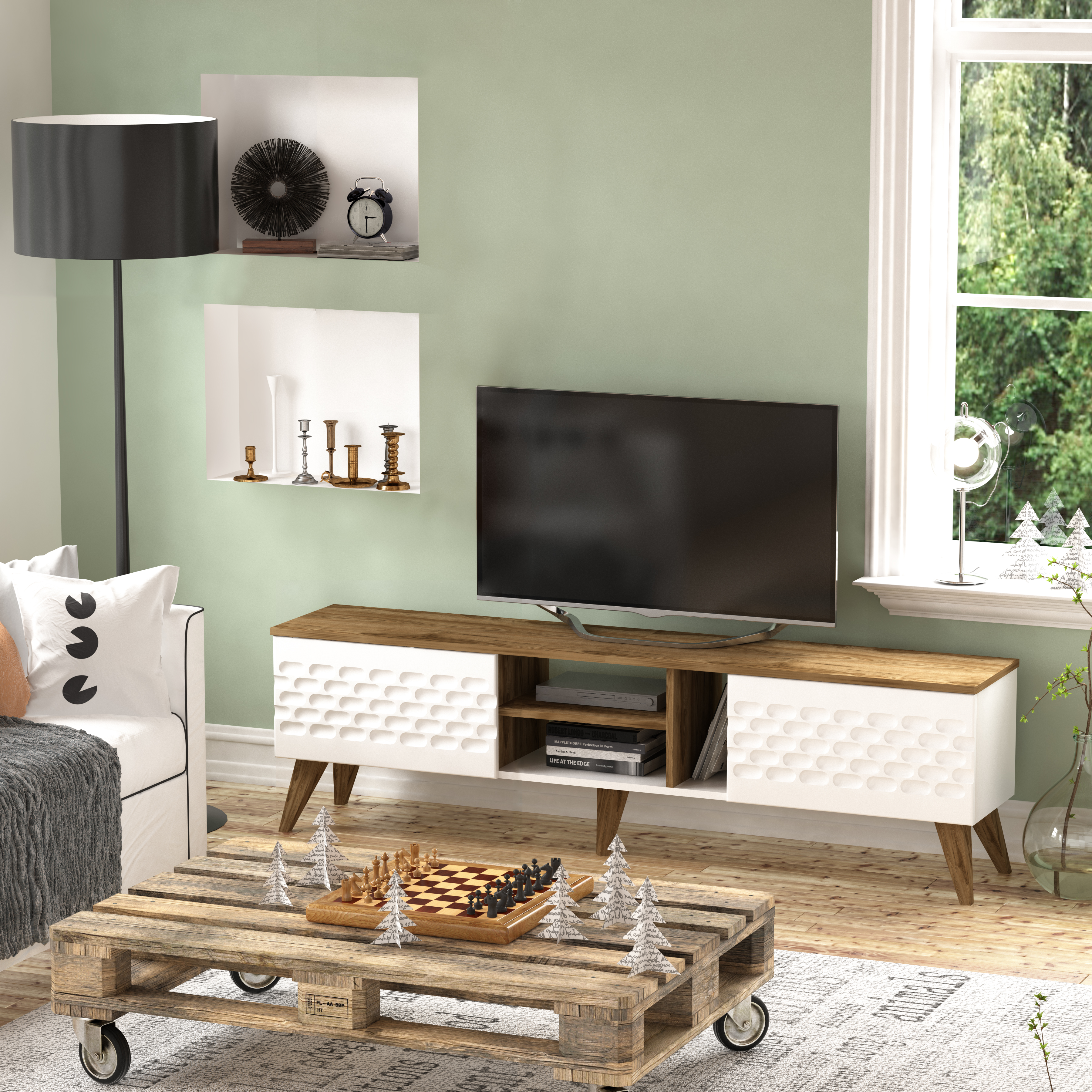 Decorotika Eggea 71 Wide Modern Tv Stand And Media Console With Cabinets And Open Shelves For Tvs Up To 80 White And Oud Oak Decorotika Eggea 71 Wide Modern Tv Stand And Media Console With Cabinets And Open Shelves For Tvs Up To 80 White And Oud Oak