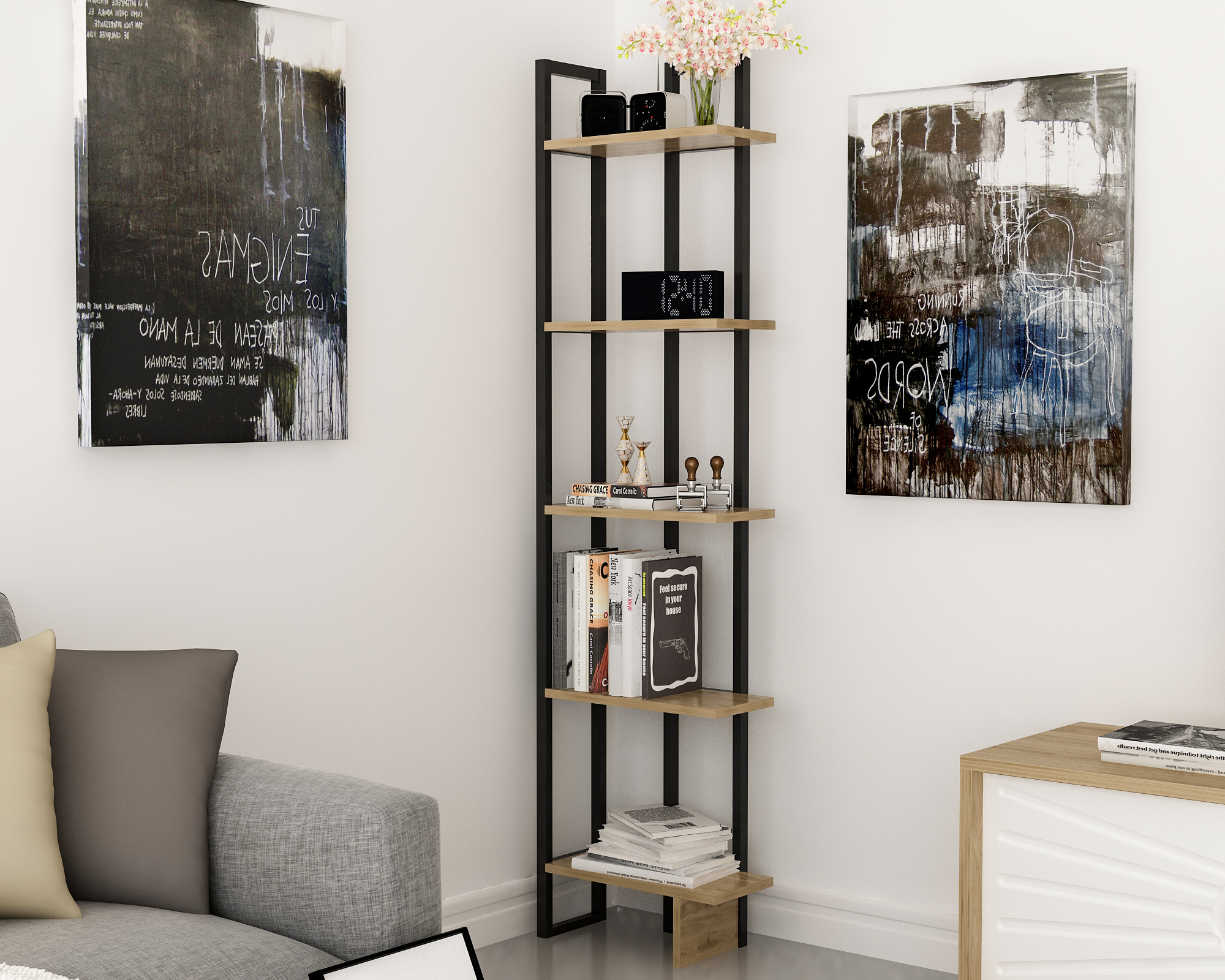 Decorotika Alice 71 Tall Modern Metal Wood Corner Bookcase Oud Oak Black