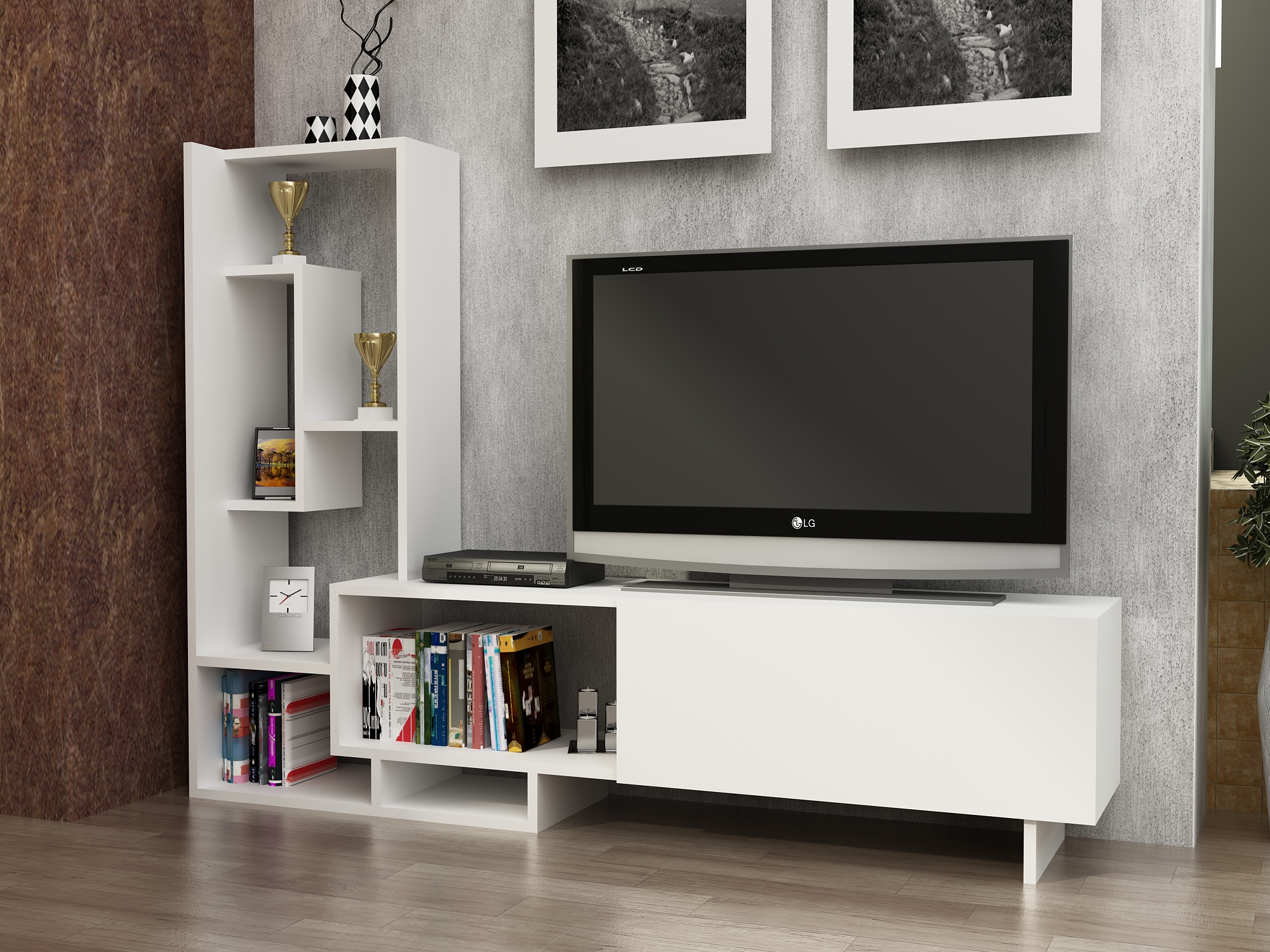 Decorotika Pegai 62" Wide Modern TV Stand & Entertainment Center for TVs up to 55" with Cabinet and Side Shelf - White