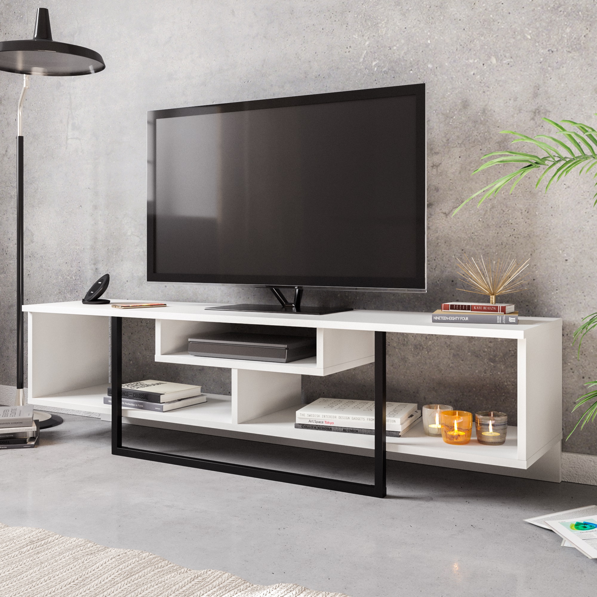 Decorotika Asal 59'' Wide TV Stand and Media Console for TVs up to 68'' with Open Shelves - White & Black