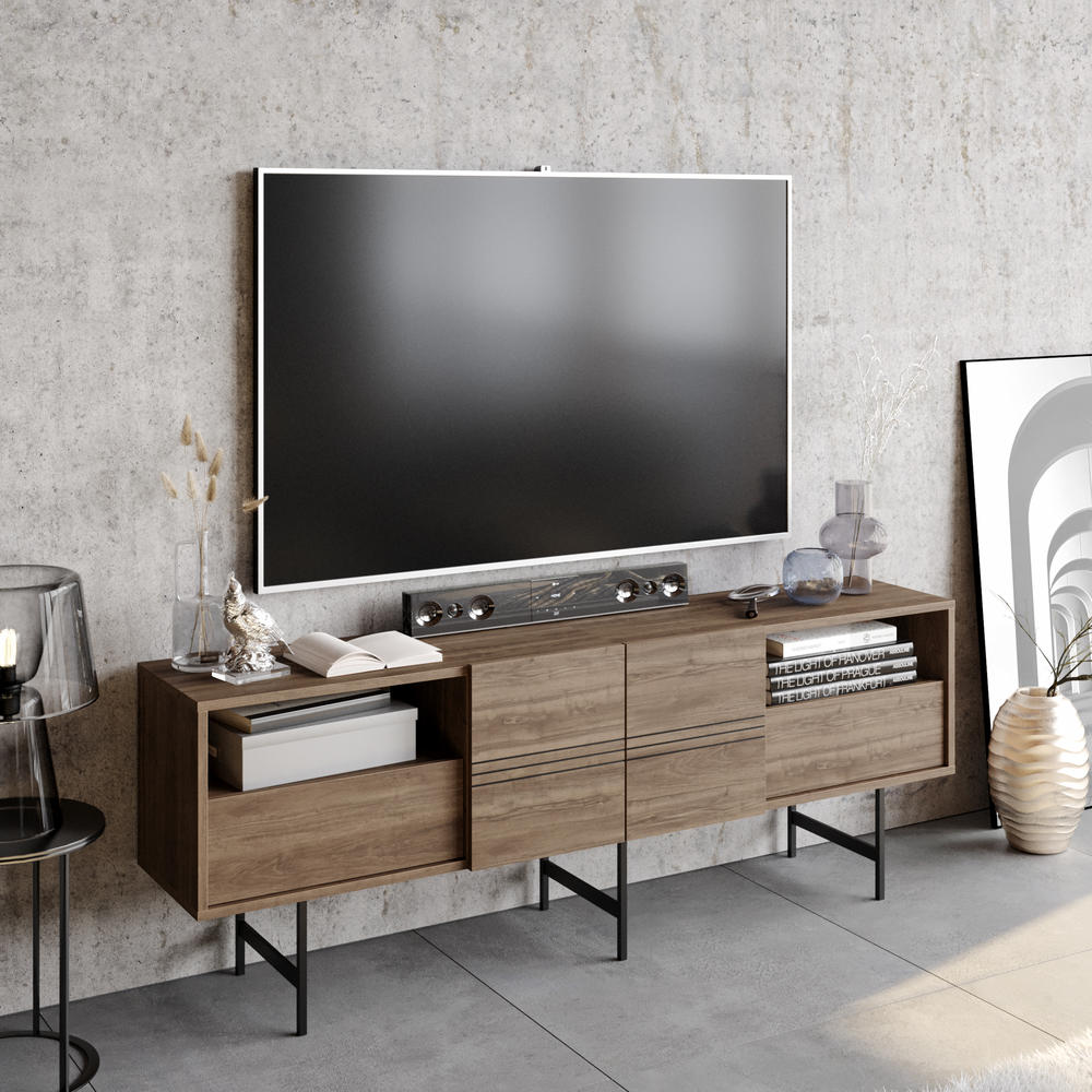Decorotika Derin 71" Wide Media Console and TV Stand with Cabinets and Shelves - Walnut & Black