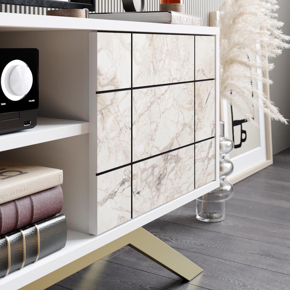 Decorotika North 51" TV Stand and Media Console with A Cabinet and Shelves - White Marble & Gold