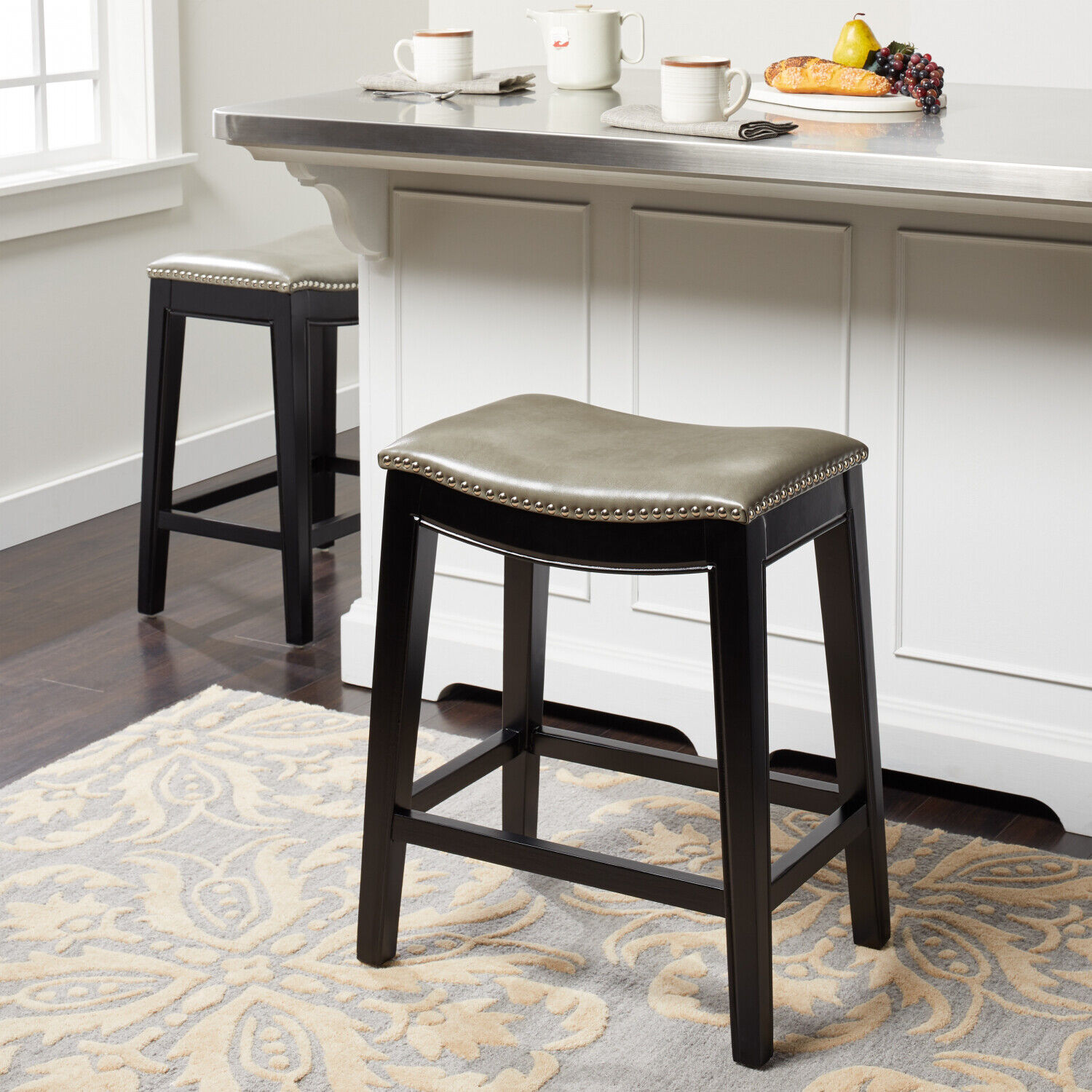 Abbyson Living Gray Leather Counter, Leather Bar Stools Nailhead Trim