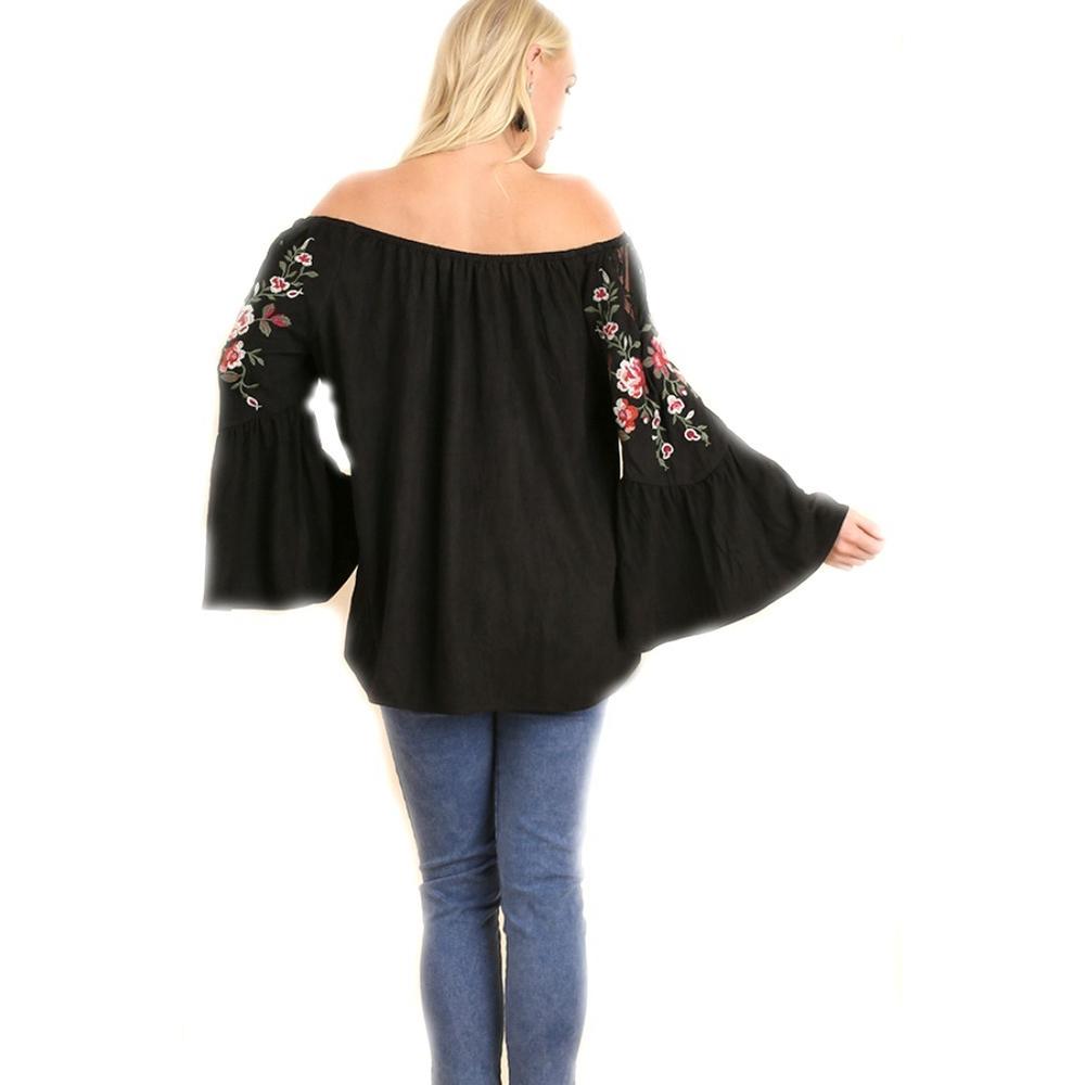 Umgee Plus Size Suede Off The Shouder Bell Sleeve Top With Floral