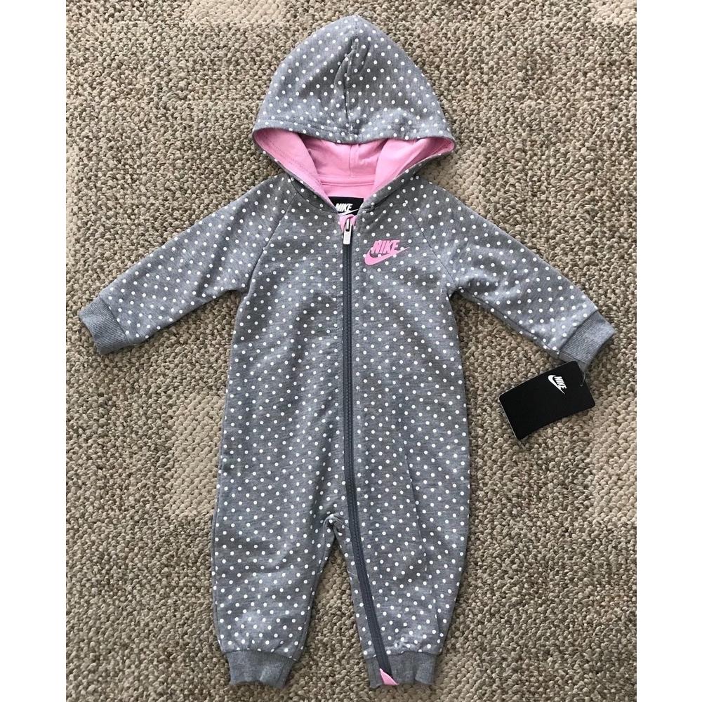 Nike Infant Girls One Piece Hooded Coverall Outfit Gray Polka Dot 6 Months Mos