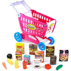 Fajiabao Shopping Cart With Wheels Pretend Play Food Kitchen Grocery Toys Plastic Pink Trolley Supermarket Playset For Kids