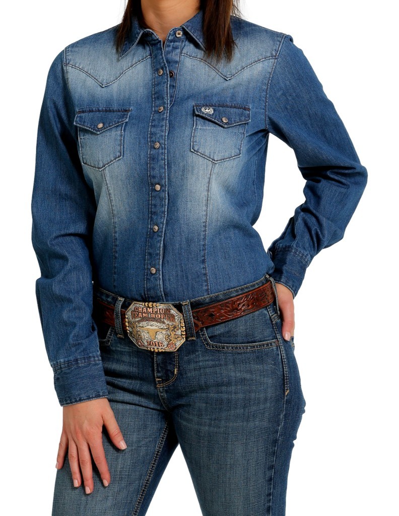 CINCH Western Shirt Womens Long Sleeve Snap Denim