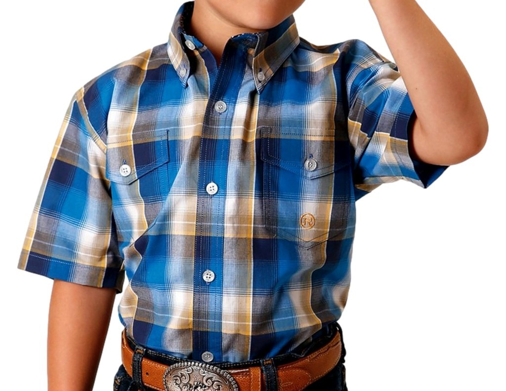 Roper Western Shirt Boys S/S Plaid Button Blue 03-031-0378-2088 BU