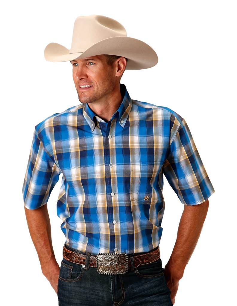 Roper Western Shirt Mens Short Sleeve Plaid Button 03-002-0379-2088 BU