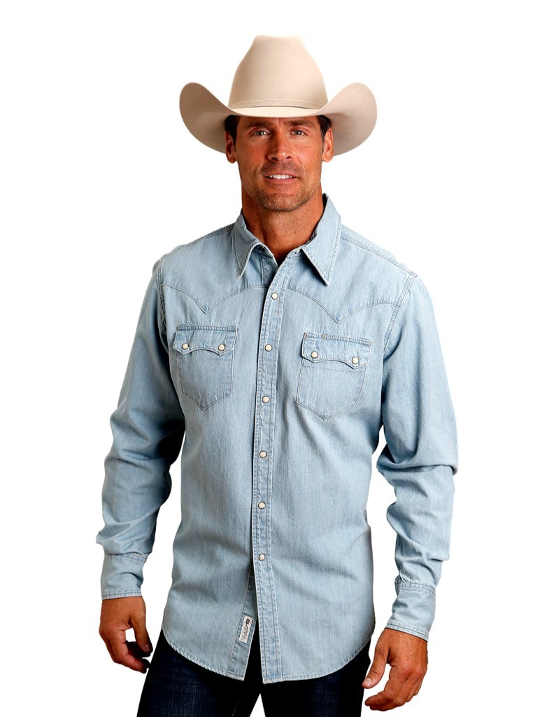 Stetson Western Shirt Mens L/S Denim Sanded Blue 11-001-0465-4013 BU