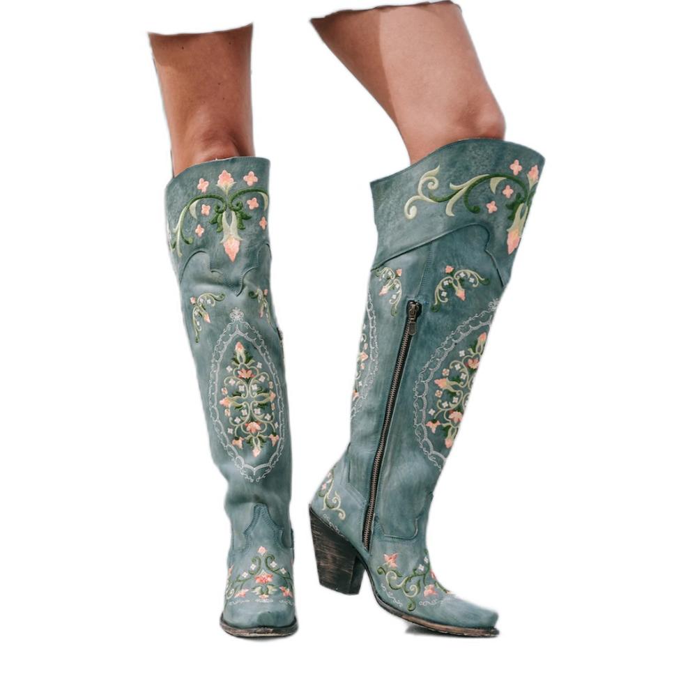 Dan Post Fashion Boots Womens 20" Flower Embroidery Zip Turq DP3271