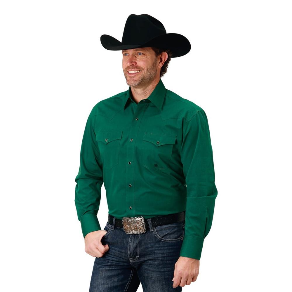 Roper Western Shirt Mens L/S Solid Snap Green 03-001-0765-0184 GR