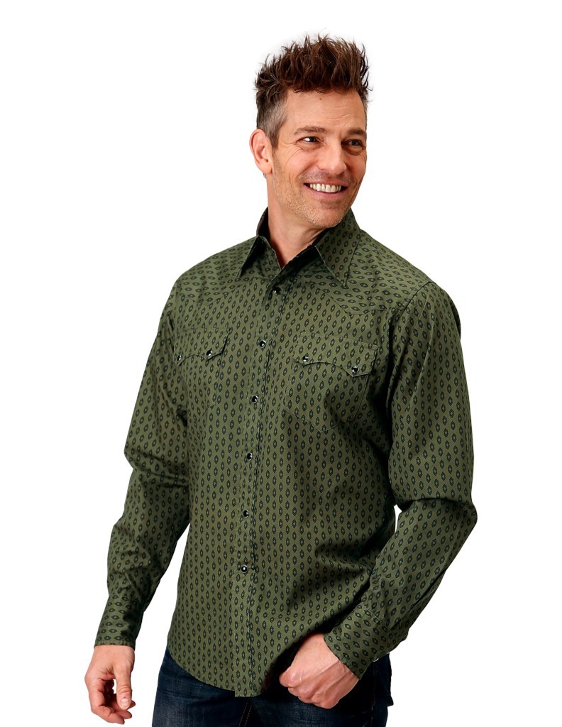 Roper Western Shirt Mens L/S Allover Print Green 03-001-0064-0103 GR