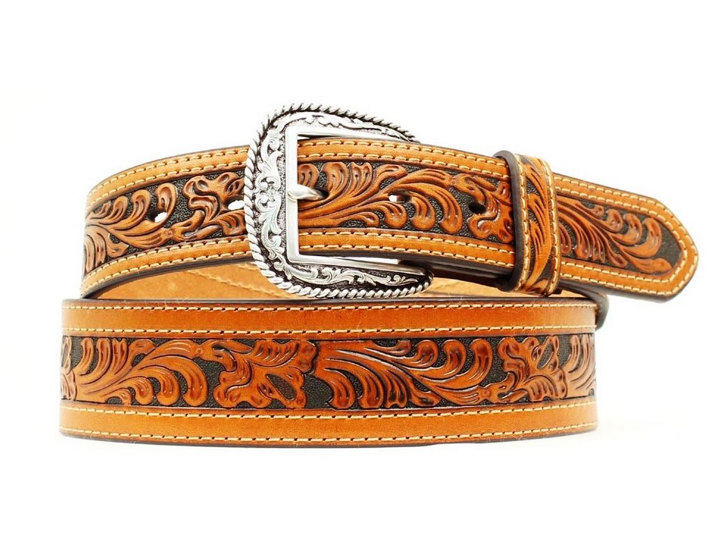 Ariat Western Belt Mens Floral Tooled Leather Logo Brown A1015008