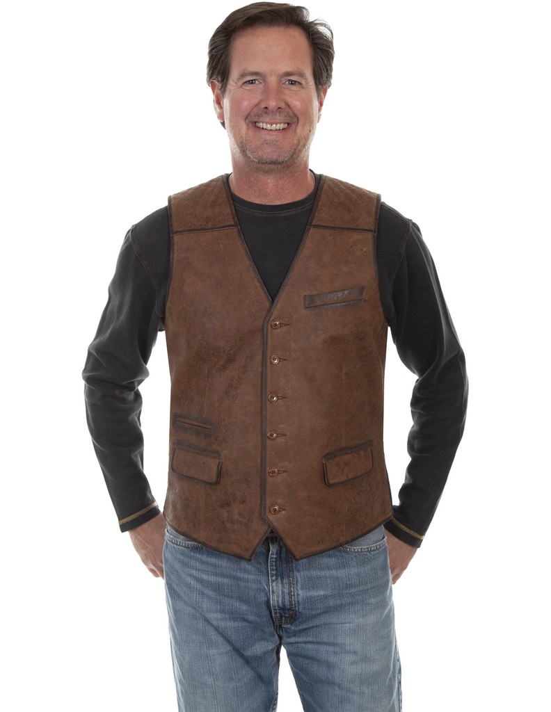 Scully Western Vest Mens Leather Canvas Back Button Brown F0_1049