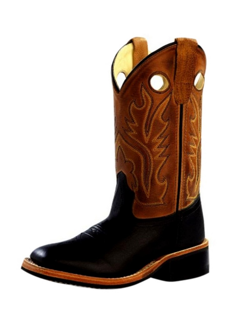 Old West Cowboy Boots Boys Broad Square Toe Rubber Black Tan BSC1810