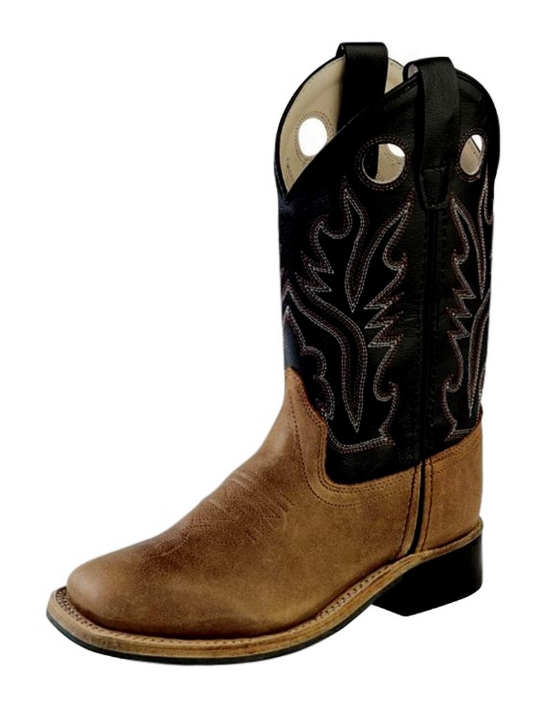 Old West Cowboy Boots Boys Leather Square Rubber Brown Black BSC1814